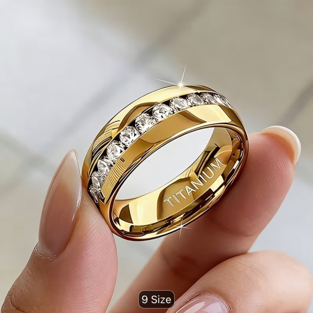 Gold Titanium Wedding Ring with Clear Stones - Elegant Women's Band